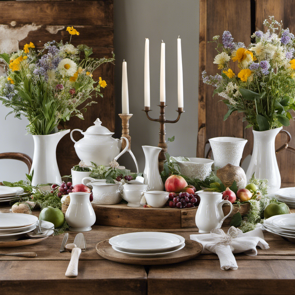 An image showcasing a rustic wooden farmhouse table adorned with vintage white ceramic plates, bowls, and mugs