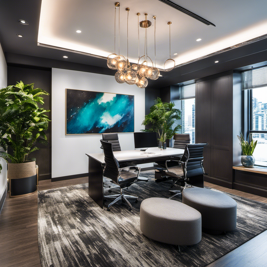 An image showcasing a sleek, modern office space with tastefully arranged furniture, vibrant artwork on the walls, plush carpets, and stylish lighting fixtures