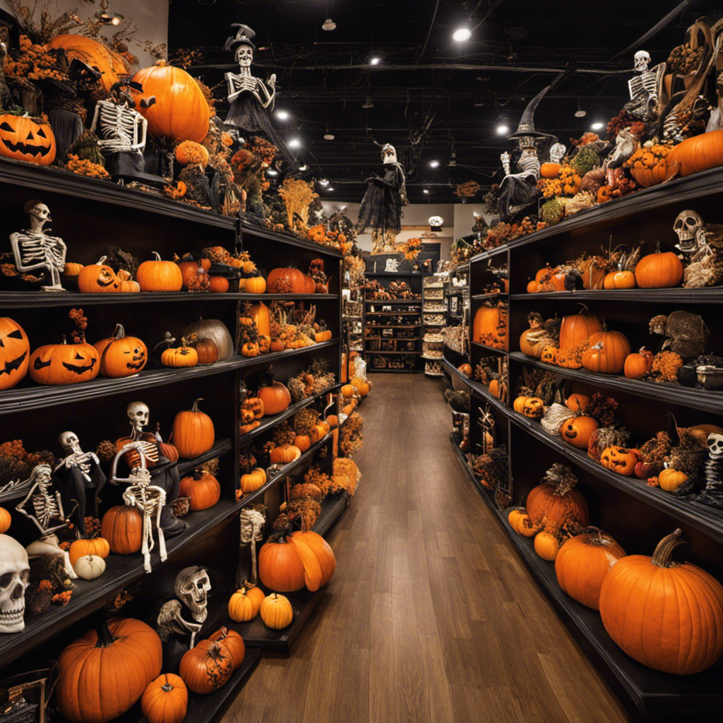An image showcasing a vibrant, eye-catching retail store aisle adorned with an abundance of Halloween decorations