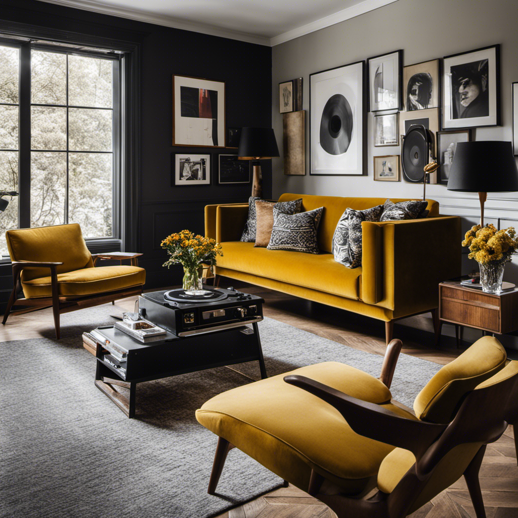 An image showcasing a cozy living room with a mid-century modern velvet sofa in mustard yellow, a vintage record player on a sleek wooden sideboard, and a gallery wall of black and white photography