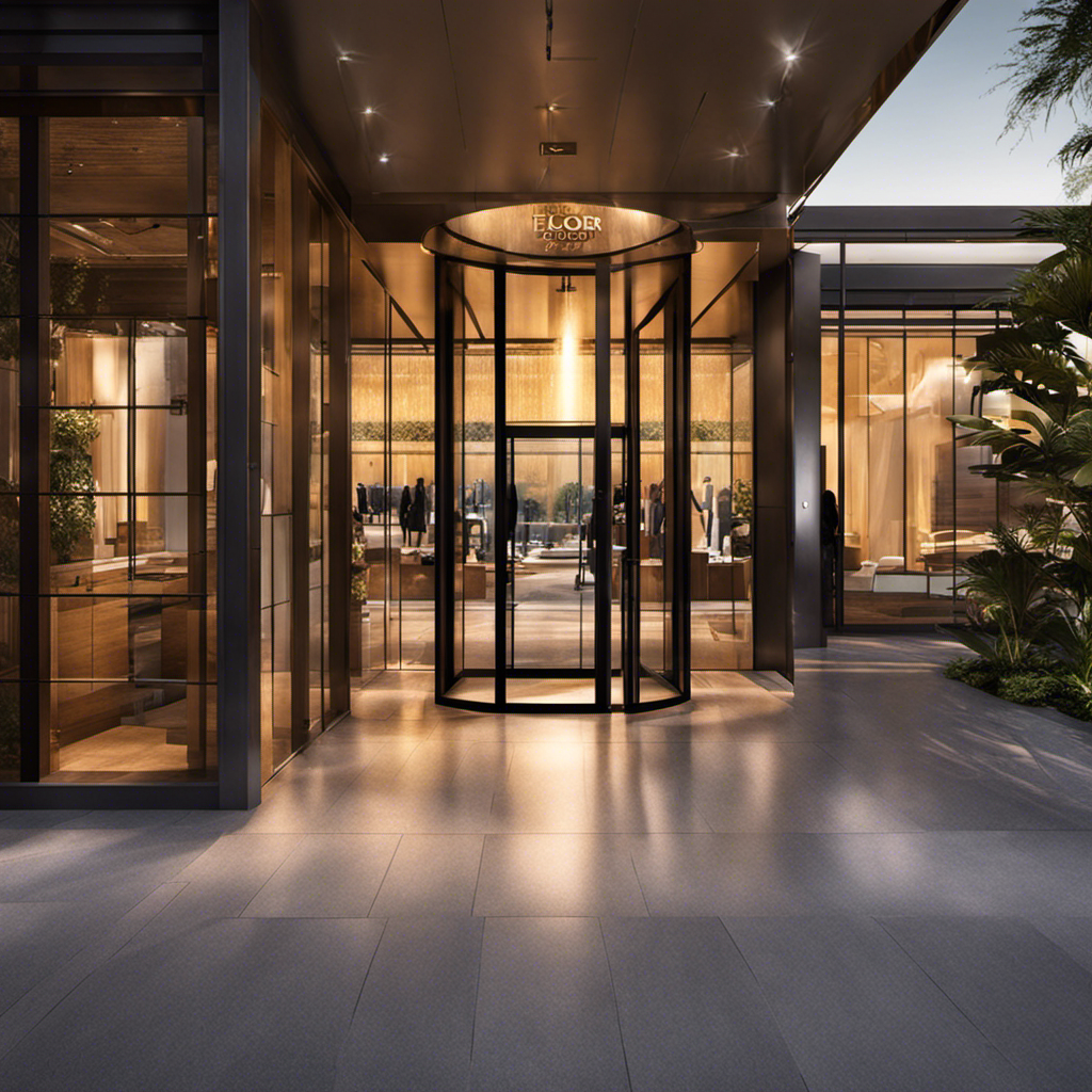 An image showcasing the entrance of Floor & Decor, with the morning sun casting a warm glow on the glass doors