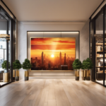 An image that showcases a vibrant sunrise over a bustling cityscape, casting a warm glow on the grand entrance of a modern store adorned with the unmistakable logo of Floor and Decor, signaling the opening of a new day