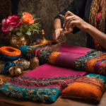 An image showcasing an artist's hands gracefully crafting a custom-designed piece of home decor, surrounded by an array of high-quality materials like vibrant fabrics, elegant beads, and intricate embroidery, reflecting the artist's skill and dedication