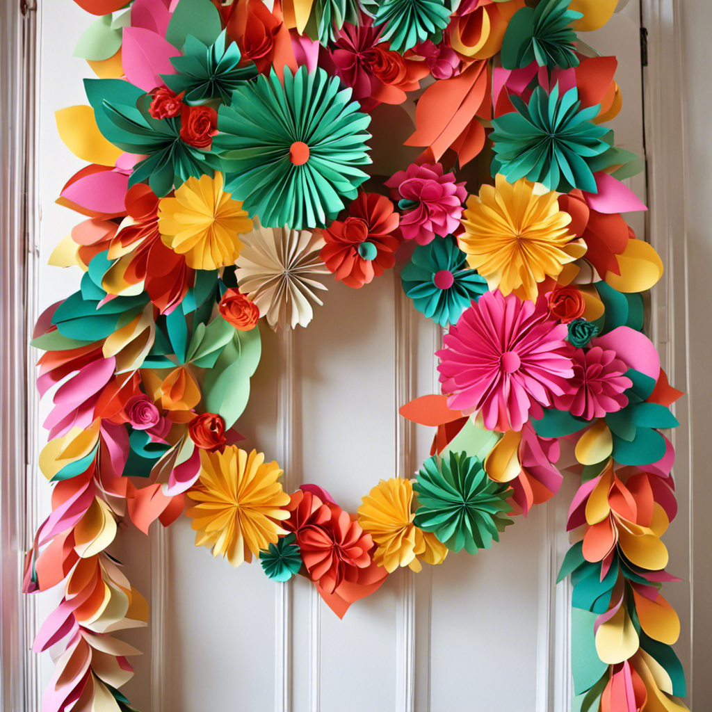 An image showcasing a vibrant, DIY construction paper wreath adorning a front door, complemented by a whimsical paper garland cascading from the ceiling, and a charming paper mobile hanging from the window
