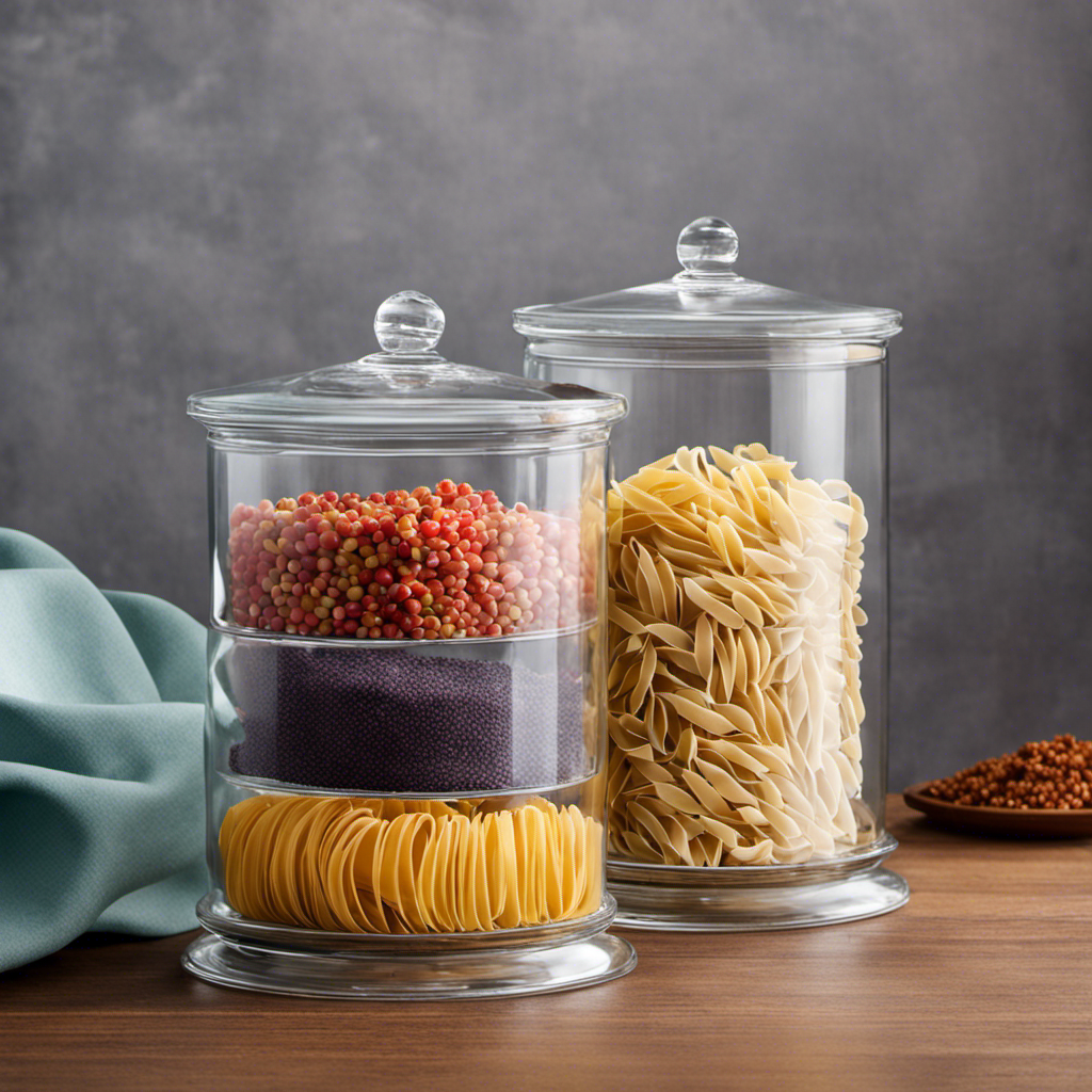 An image showcasing a trio of elegant, clear canisters filled to perfection with vibrant layers of assorted pastel-colored pasta, blooming spices, and earthy grains, adding a touch of culinary charm to your kitchen decor