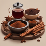 An image showcasing a cozy kitchen scene with a steaming cup of herbal tea, a pile of roasted chicory root, a jar of cacao powder, and a bowl filled with freshly ground cinnamon sticks
