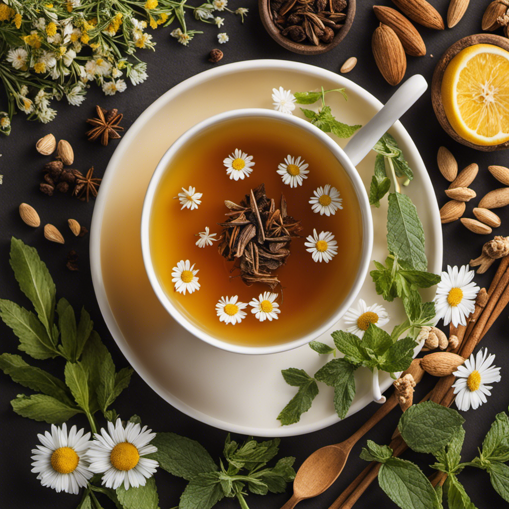 A captivating image showcasing a serene cup of herbal tea, gently steaming, surrounded by a variety of stomach-soothing alternatives like almond milk, chamomile, ginger, and peppermint leaves