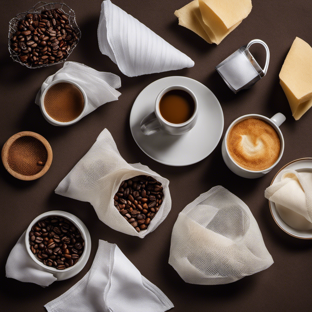 An image showcasing an array of creative alternatives for a coffee filter: a clean sock, cheesecloth, a fine-mesh sieve, and a paper towel neatly folded, all neatly lined up next to a steaming cup of coffee