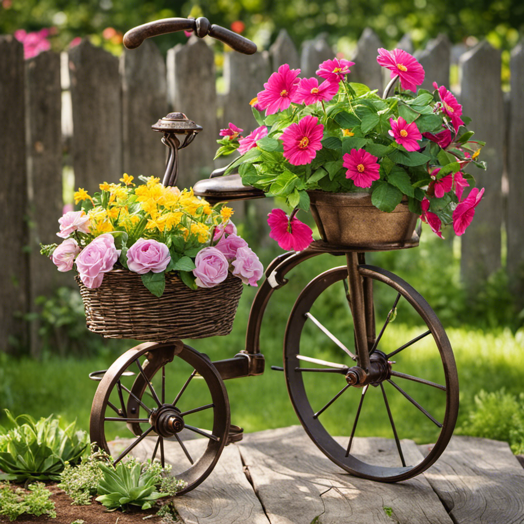 An image showcasing a charming vintage tricycle transformed into a whimsical flower planter, adorned with vibrant blossoms cascading from its handlebars