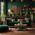 An image showcasing a cozy living room with a plush, velvet sofa in rich emerald green, adorned with eclectic patterned throw pillows