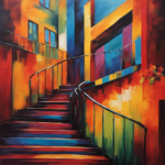 An image depicting a vibrant, abstract artwork adorning the wall above the steps