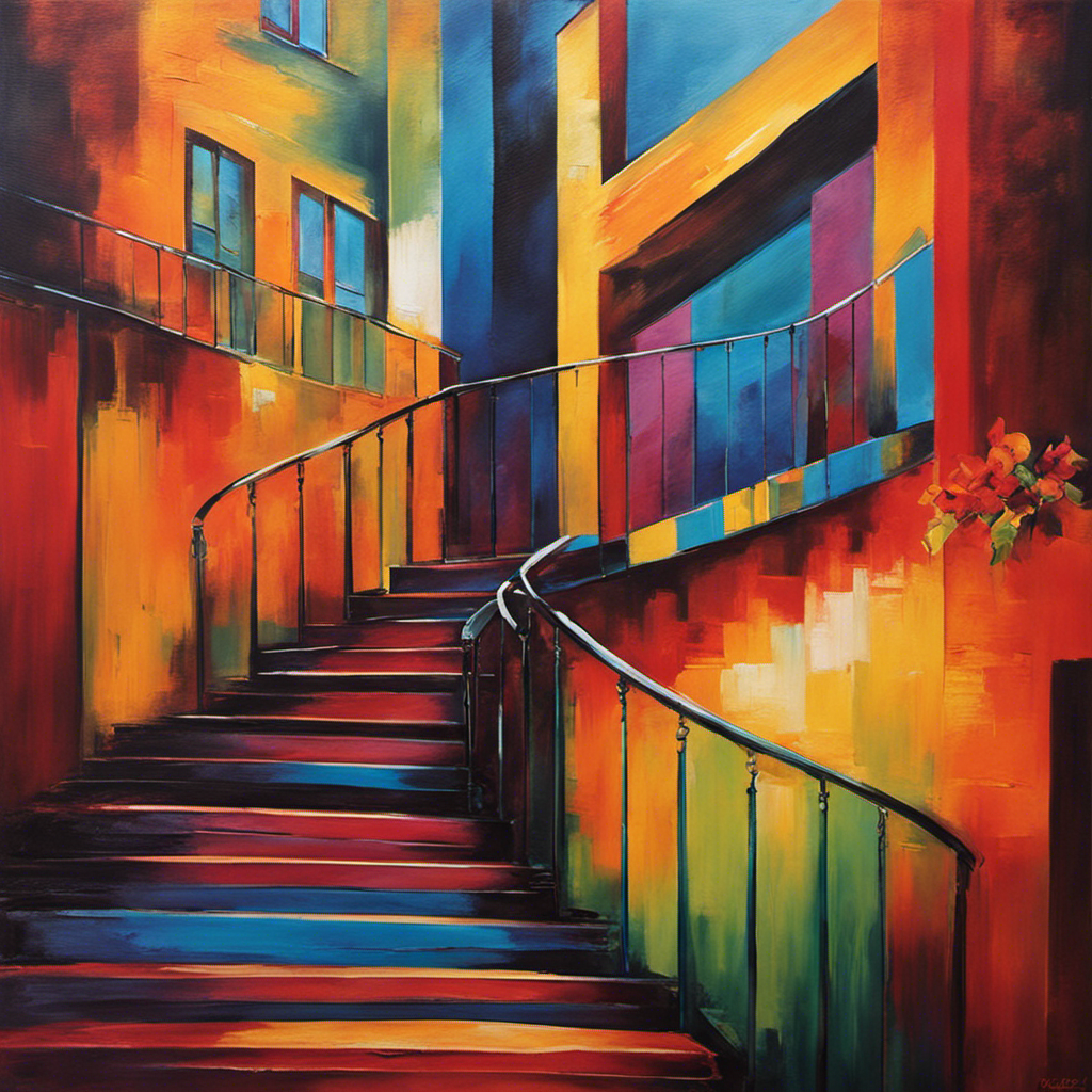 An image depicting a vibrant, abstract artwork adorning the wall above the steps