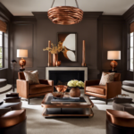 An image showcasing a sophisticated living room with copper and brown accents