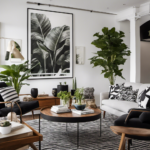 An image featuring a modern living room with a large, vibrant botanical print above a sleek white fireplace
