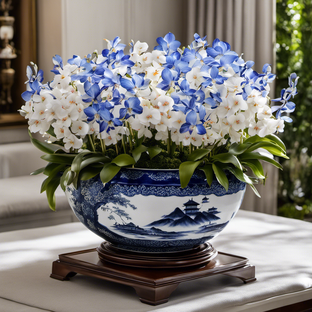 An image showcasing a large Chinese bowl adorned with delicate porcelain chopsticks and a vibrant arrangement of hand-painted blue and white ceramic spheres, intricately arranged amidst an array of fragrant orchids and bonsai trees