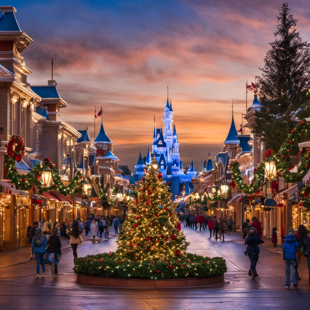 An image showcasing Main Street USA at Disneyland, adorned with vibrant Christmas garlands, twinkling lights, and enchanting wreaths