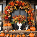 An image showcasing a vibrant Hobby Lobby store aisle, adorned with stunning fall decorations including pumpkin wreaths, autumn-colored garlands, and rustic table centerpieces, all tagged with enticing sale signs