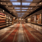 An image that captures the ambiance of a deserted Floor and Decor store at sunset, with dimmed lights illuminating the neatly arranged aisles of tiles, carpets, and home décor products, portraying a sense of closure and tranquility