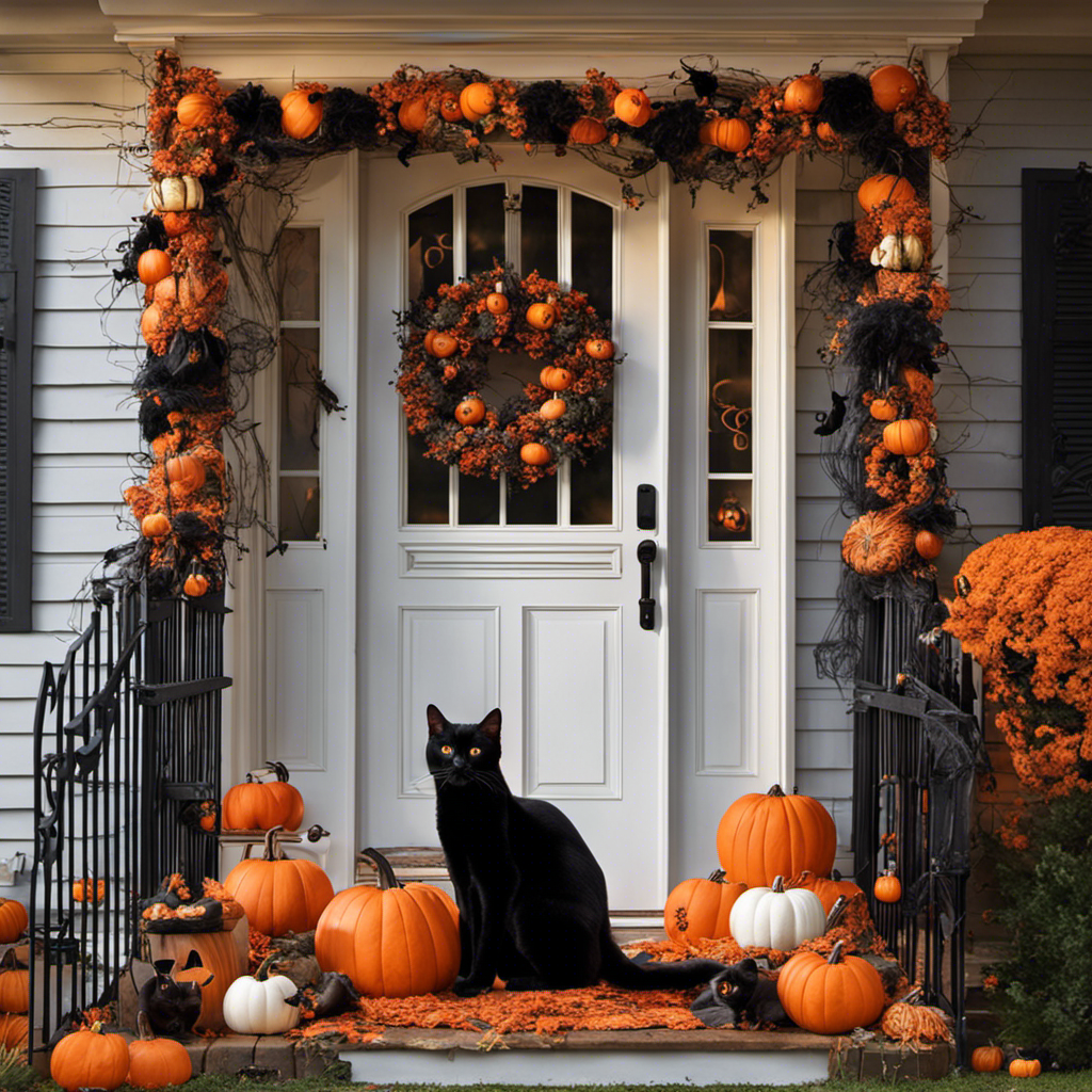 An image showcasing a cozy front porch adorned with vibrant orange pumpkins, eerie black cat figurines, and whimsical spiderwebs gently draping over the door, capturing the enchanting moment when Halloween decor emerges