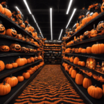 An image featuring a dimly lit store aisle adorned with vibrant orange and black decorations