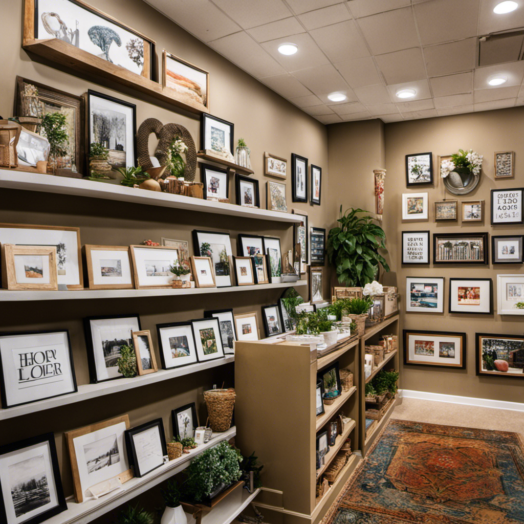 An image showcasing a vibrant Hobby Lobby store with shelves filled with decorative wall art