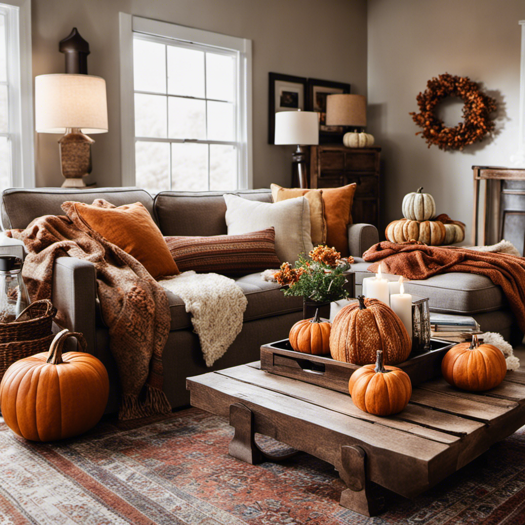 An image showcasing a cozy living room adorned with warm-toned throw blankets, rustic pumpkins, and fragrant cinnamon-scented candles, all arranged on a wooden coffee table, subtly hinting at the arrival of fall at Home Goods