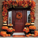 An image capturing the essence of autumn with vibrant orange and red leaves gently cascading down, surrounded by cozy pumpkins, rustic wreaths, and richly colored mums, hinting at the arrival of Michaels' fall decor sale