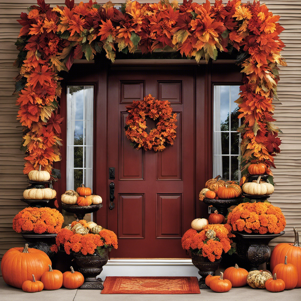 An image capturing the essence of autumn with vibrant orange and red leaves gently cascading down, surrounded by cozy pumpkins, rustic wreaths, and richly colored mums, hinting at the arrival of Michaels' fall decor sale