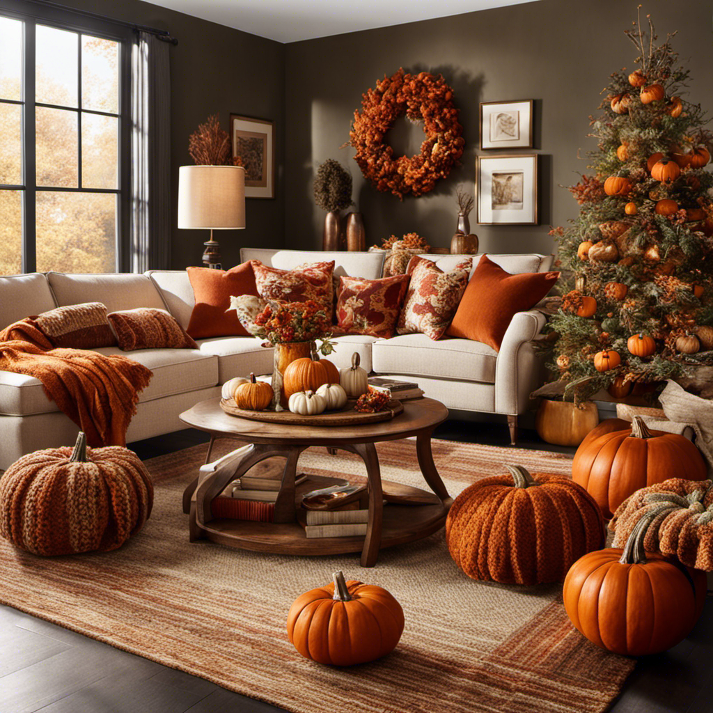 An image showcasing a cozy living room with vibrant autumnal hues, adorned with intricately carved pumpkin decorations, rustic wreaths, and plush throw blankets, to capture the essence of Target's eagerly anticipated Fall Decor release