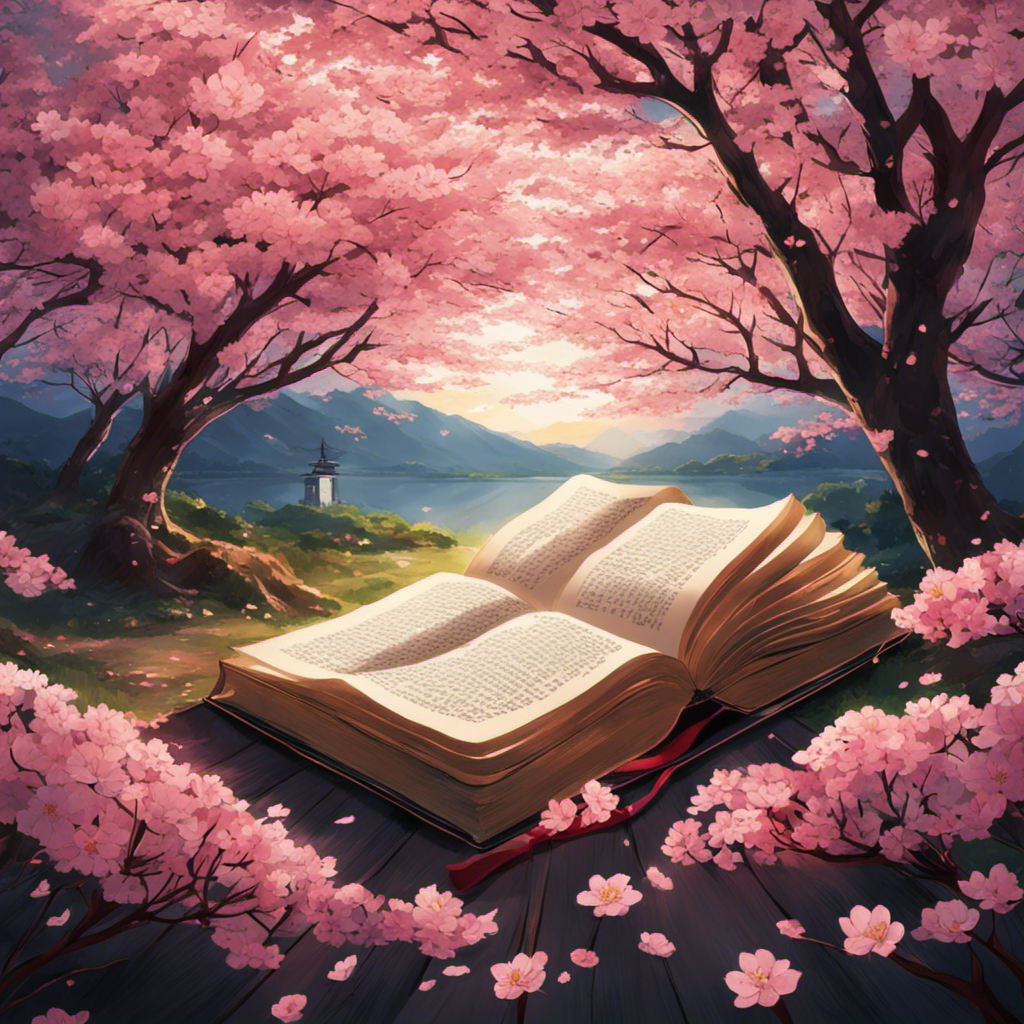 An image of an open book with pages adorned in vibrant cherry blossom motifs, symbolizing anticipation