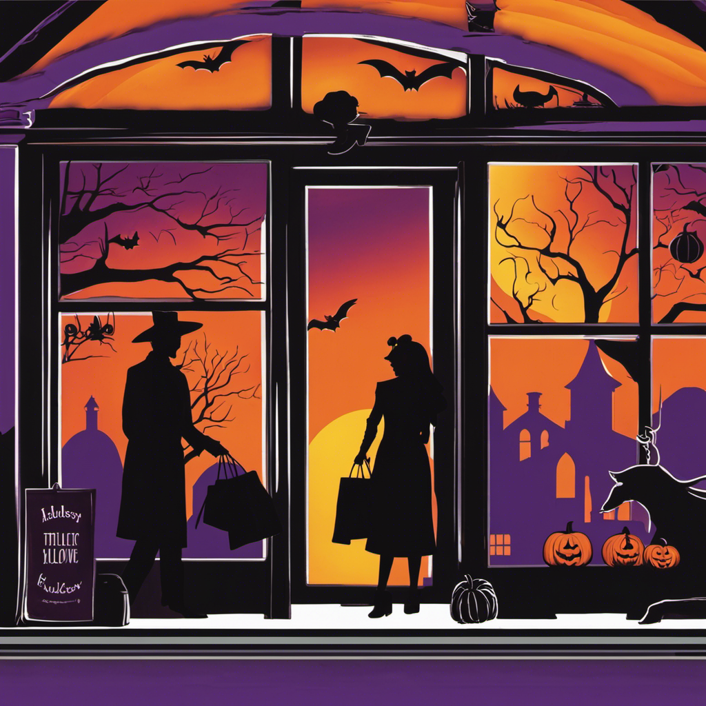 An image of a vibrant sunset casting an orange and purple glow over a quaint Halloween store