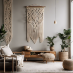 An image showcasing a minimalist living room with a handcrafted macramé wall hanging, enhancing the space with its intricate knots and natural fibers
