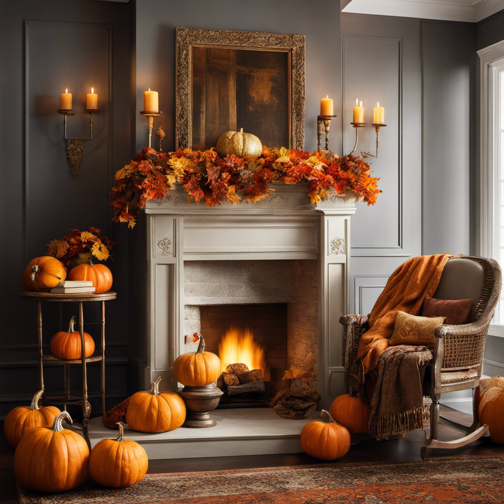An image featuring a cozy living room adorned with vibrant autumnal hues: golden leaves strewn across a rustic fireplace mantel, a plush orange throw draped over a chair, and a centerpiece of decorative pumpkins