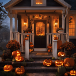 An image showcasing a cozy front porch at dusk, adorned with a myriad of spooky decorations: glowing jack-o'-lanterns casting eerie shadows, cobwebs delicately draped across the railing, and a whimsical scarecrow welcoming trick-or-treaters