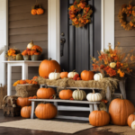 An image featuring a rustic front porch adorned with vibrant autumnal decorations