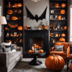 An image featuring a cozy living room with shelves adorned with spooky Halloween decorations, including witches' hats, black cat figurines, and glowing jack-o'-lanterns