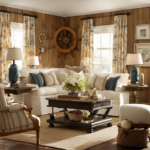 An image showcasing a cozy beach house living room with wooden panel walls adorned with vintage ship wheels, anchors, and seashell accents
