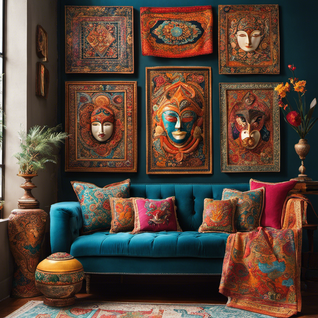 An image showcasing a vibrant living room wall adorned with a diverse array of ornamental decor
