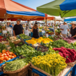 An image showcasing a vibrant local farmer's market in Huntington Beach, filled with colorful stalls displaying an array of herbal ingredients like chicory, dandelion, and barley