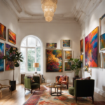 An image of a cozy art gallery, filled with vibrant and diverse paintings hanging on white walls