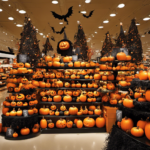 An image showcasing a festive Halloween aisle in a well-lit department store, adorned with Martha Stewart Halloween decor