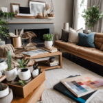 An image that showcases a cozy, well-lit living room with a diverse range of home design and decor resources scattered around—a stack of interior design books, swatches of fabric, paint samples, and an open laptop displaying online courses