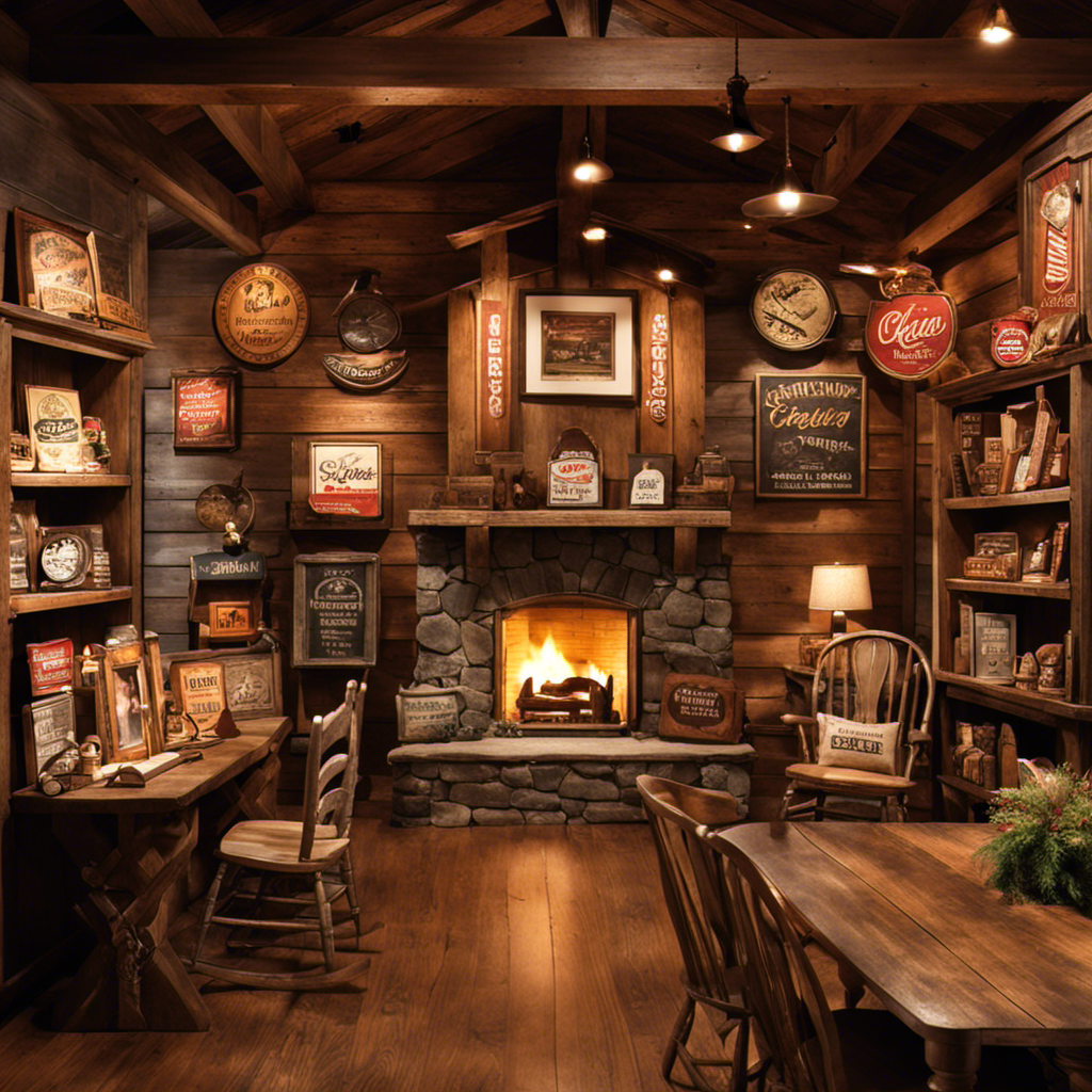 An image capturing the vibrant charm of Cracker Barrel's decor, featuring antique rocking chairs, weathered barn wood walls adorned with vintage signs, shelves filled with rustic trinkets, and a cozy fireplace crackling in the background