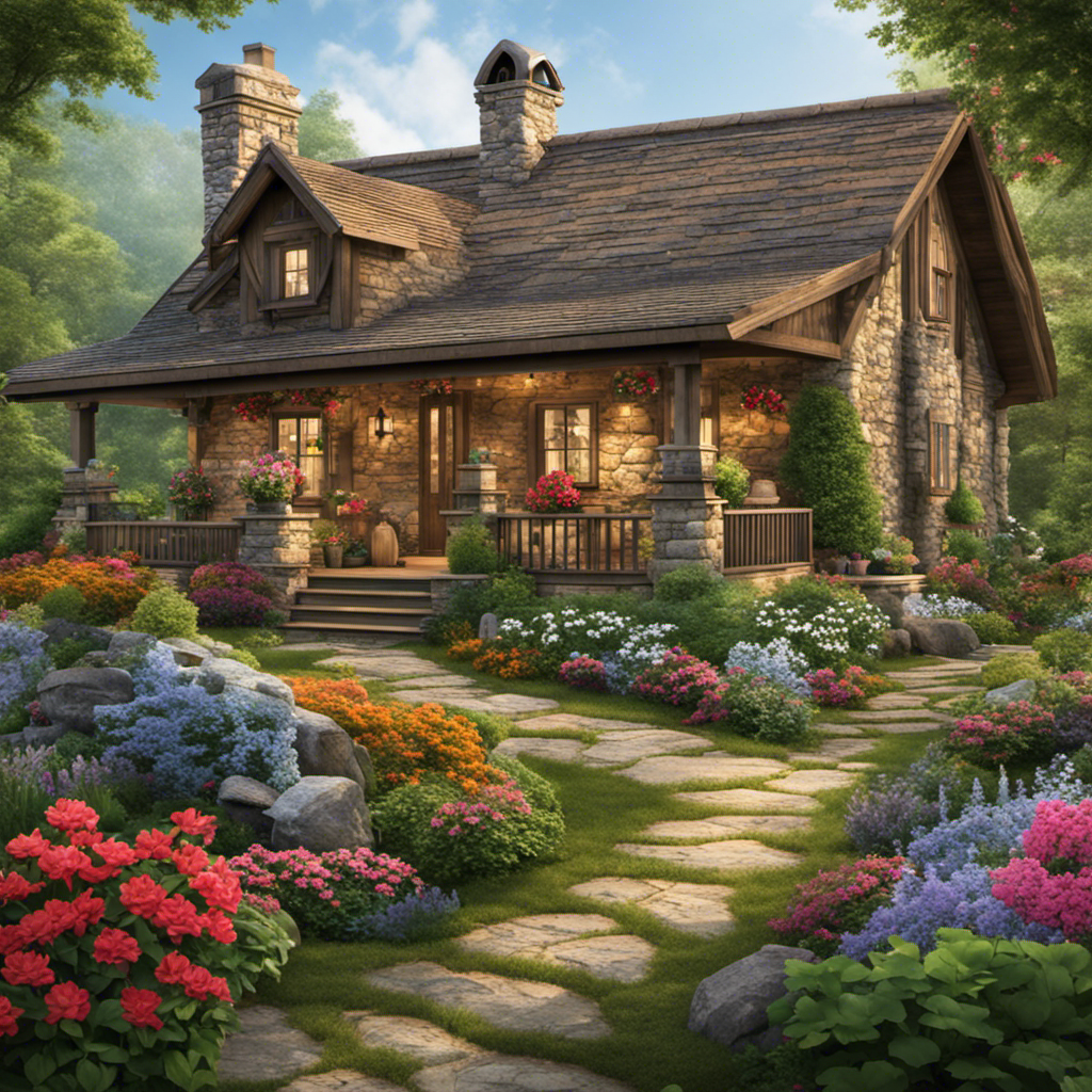 An image showcasing a charming, rustic cottage nestled amidst a lush forest, with a winding stone pathway leading to its inviting front porch adorned with vibrant potted flowers and cozy decor