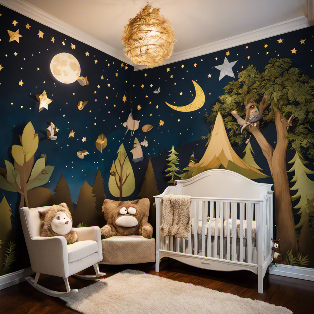 An enchanting image capturing the essence of a whimsical "Where the Wild Things Are" baby room: a cozy rocking chair nestled in a corner, adorned with a furry monster-themed pillow, surrounded by a forest mural and dreamy starry night sky