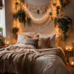 An image showcasing a cozy, bohemian-inspired bedroom adorned with whimsical fairy lights, plush macramé wall hangings, vibrant tapestries, and a vintage-inspired wooden dresser filled with delicate succulents and dainty trinkets