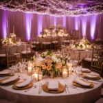 An image showcasing a beautifully decorated wedding table, adorned with elegant centerpieces, delicate fairy lights, and budget-friendly decorative items