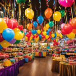 An image showcasing a brightly-lit store aisle adorned with an array of vibrant birthday party decorations, including balloons, streamers, and themed tableware, in a bustling marketplace in Nairobi, Kenya
