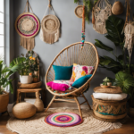 An image showcasing a vibrant boho paradise, with a whimsical rattan chair adorned with colorful cushions and a macrame wall hanging