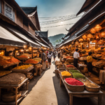 An image showcasing a bustling open-air market in Northern Thailand, abounding with vibrant stalls displaying intricately carved wood wall decor and furniture